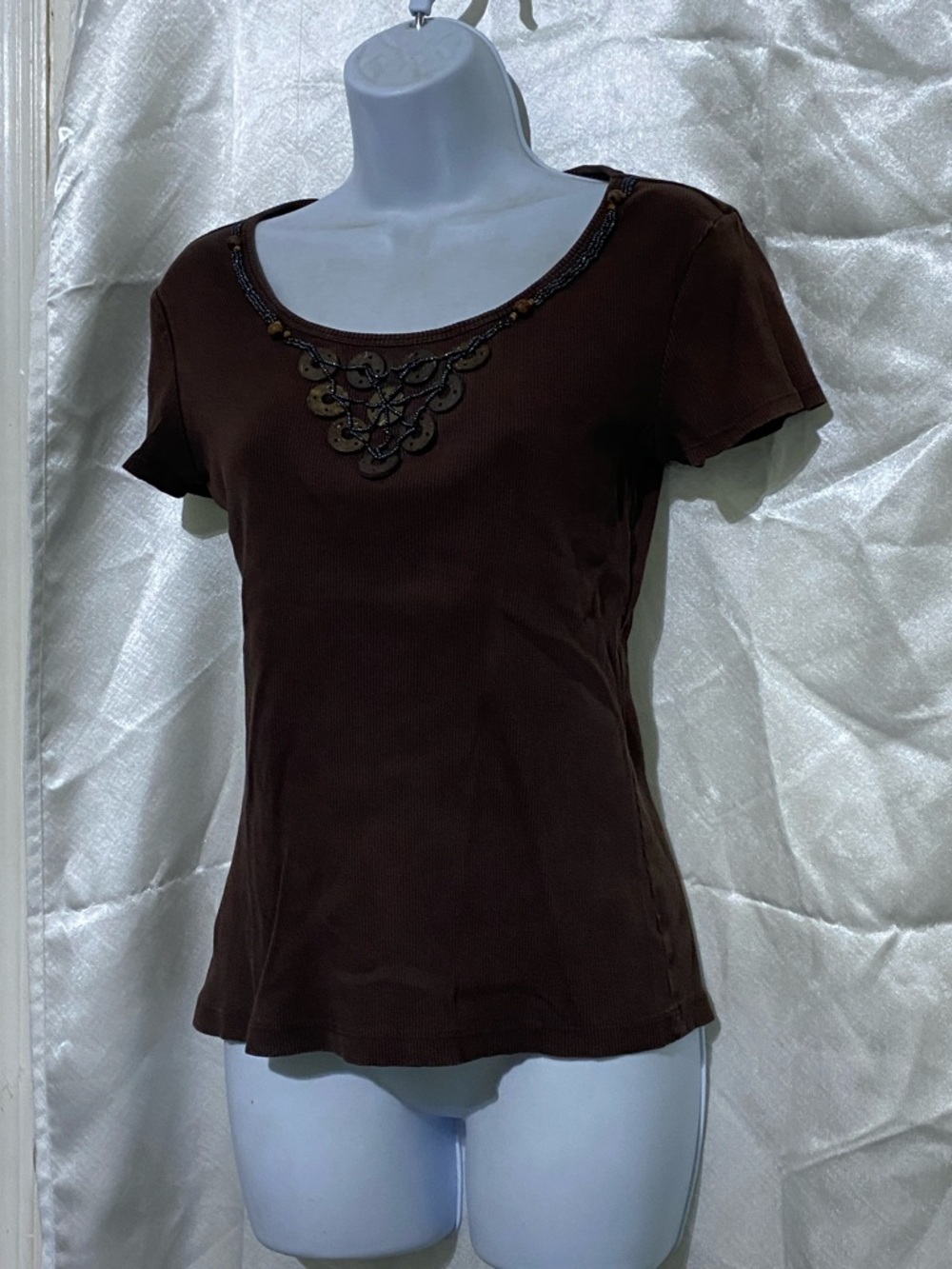 Style & Co. Brown Short Sleeve Scoop Neck Top with Beaded Accent